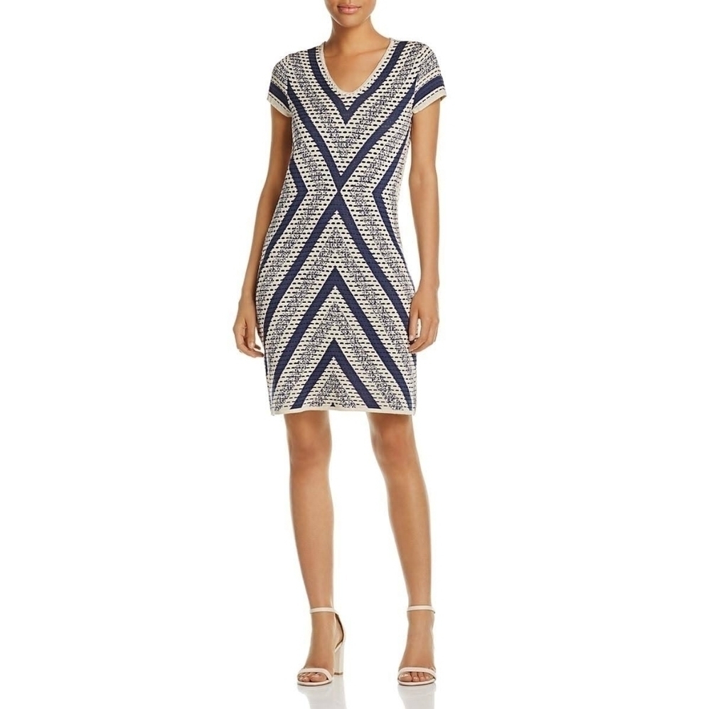 Nic+Zoe Spanish Stripe Chevron Blue Cream Knit Sweater Size SP